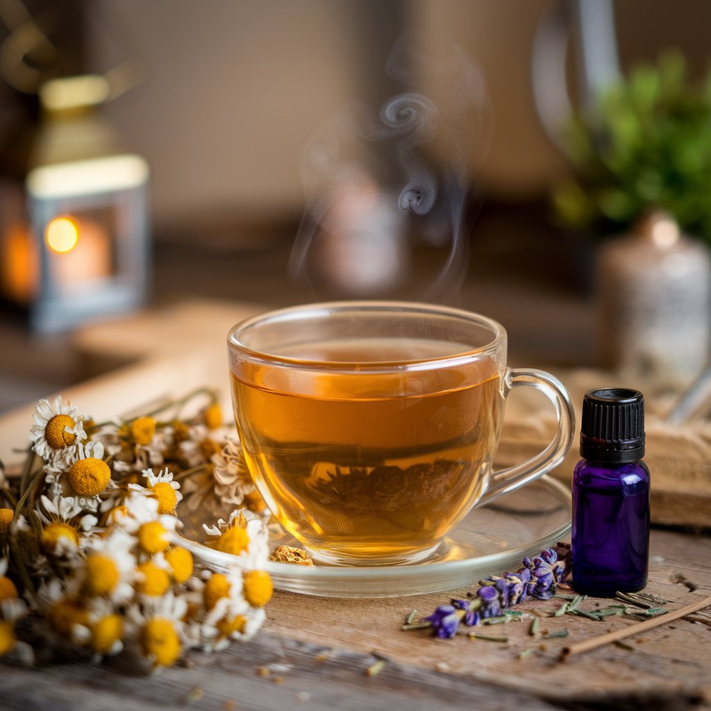 Headache - Herbal Tea with Feverfew or Chamomile and Lavender Oil